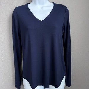 EILEEN FISHER Stretch Viscose Jersey V-Neck Long Sleeve Top Navy Blue XS